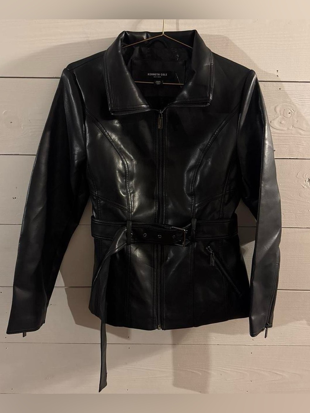 Kenneth Cole Black Faux Leather Belted Zip Jacket